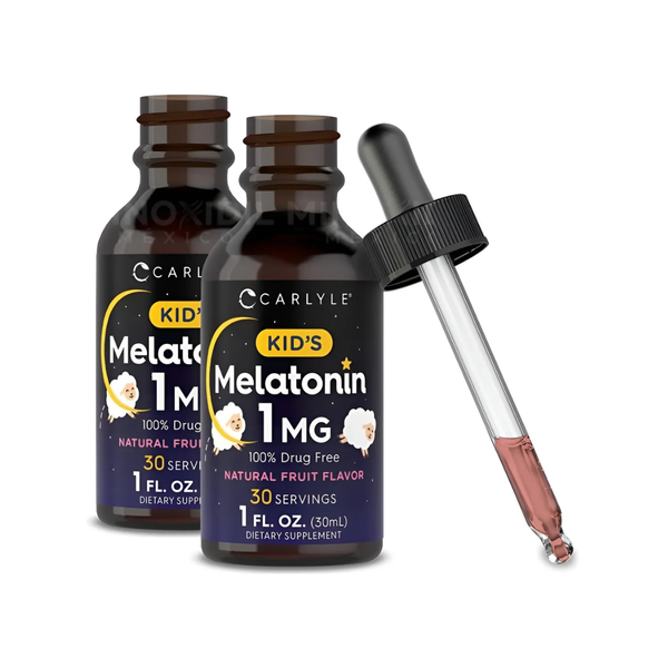 Carlyle Kids Melatonina líquida pack 2 piezas sin sabor pack 2 piezas sabor frutas naturales de melatonina líquida para niños paquete de dos frascos de 1 Oz 30 ml cada una con gotero aplicador de 1 ml
