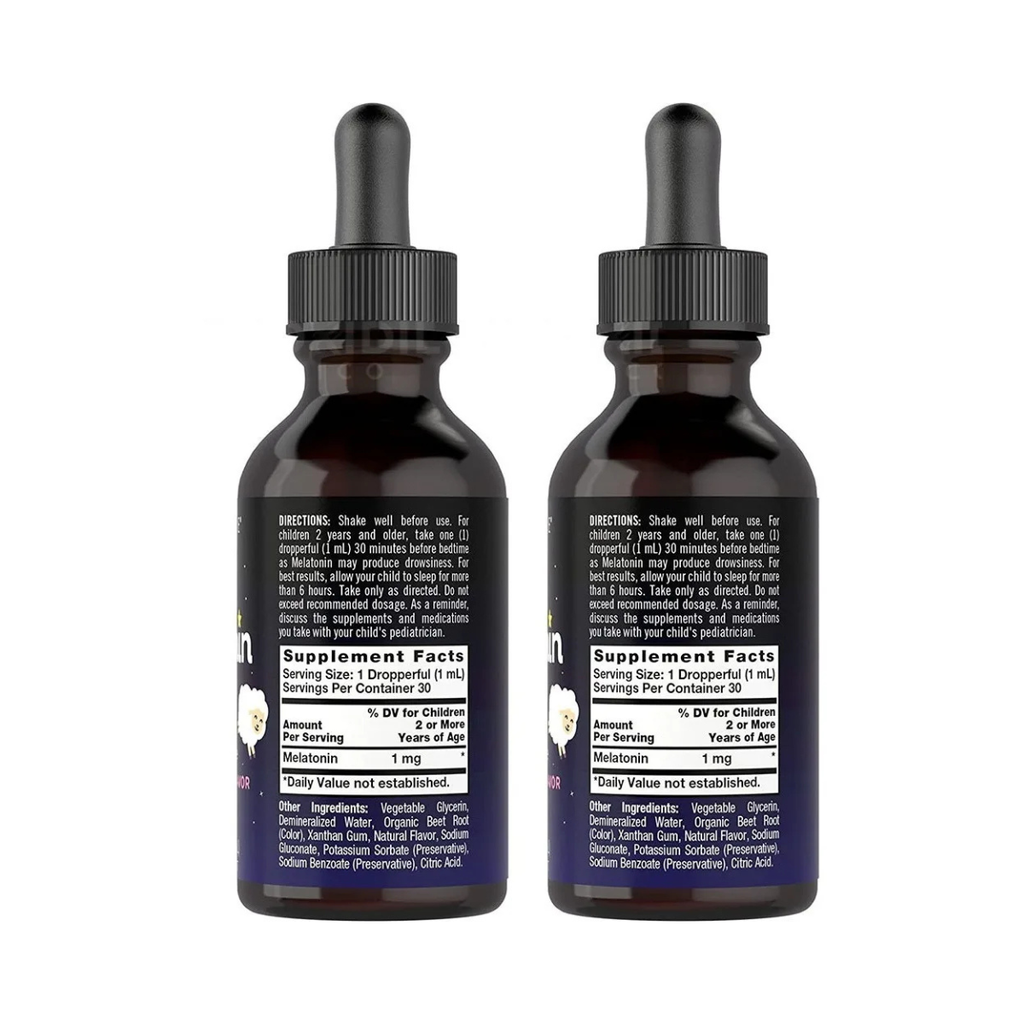 Carlyle Kids Melatonina líquida pack 2 piezas sin sabor pack 2 piezas sabor frutas naturales de melatonina líquida para niños paquete de dos frascos de 1 Oz 30 ml cada una con gotero aplicador de 1 ml