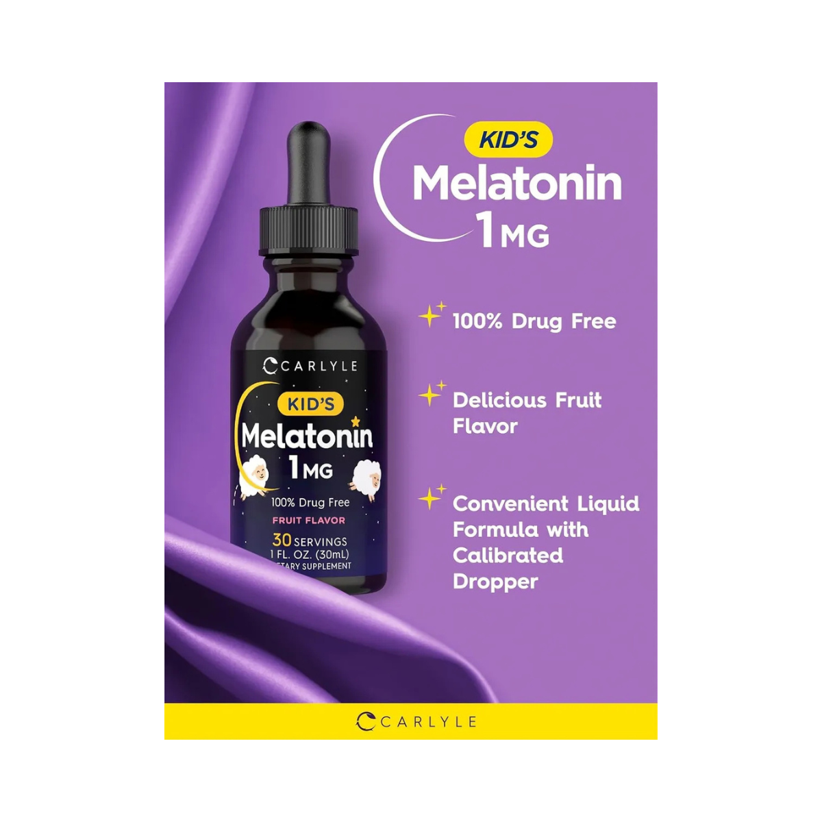 Carlyle Kids Melatonina líquida pack 2 piezas sin sabor pack 2 piezas sabor frutas naturales de melatonina líquida para niños paquete de dos frascos de 1 Oz 30 ml cada una con gotero aplicador de 1 ml