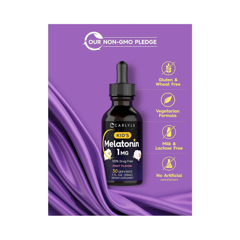 Carlyle Kids Melatonina líquida pack 2 piezas sin sabor pack 2 piezas sabor frutas naturales de melatonina líquida para niños paquete de dos frascos de 1 Oz 30 ml cada una con gotero aplicador de 1 ml