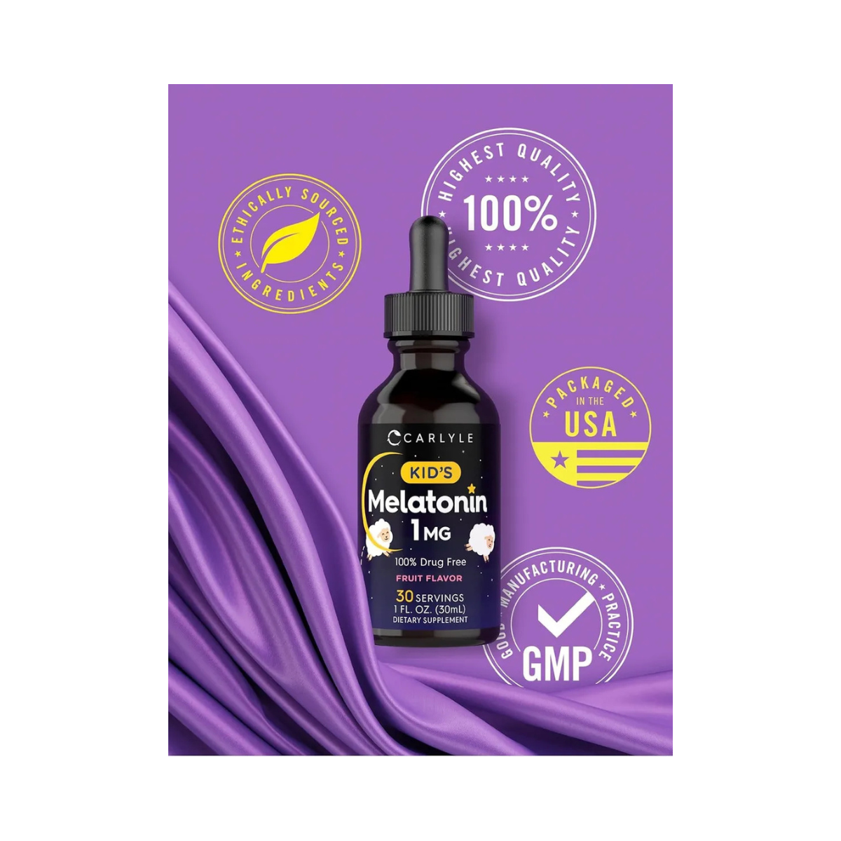 Carlyle Kids Melatonina líquida pack 2 piezas sin sabor pack 2 piezas sabor frutas naturales de melatonina líquida para niños paquete de dos frascos de 1 Oz 30 ml cada una con gotero aplicador de 1 ml