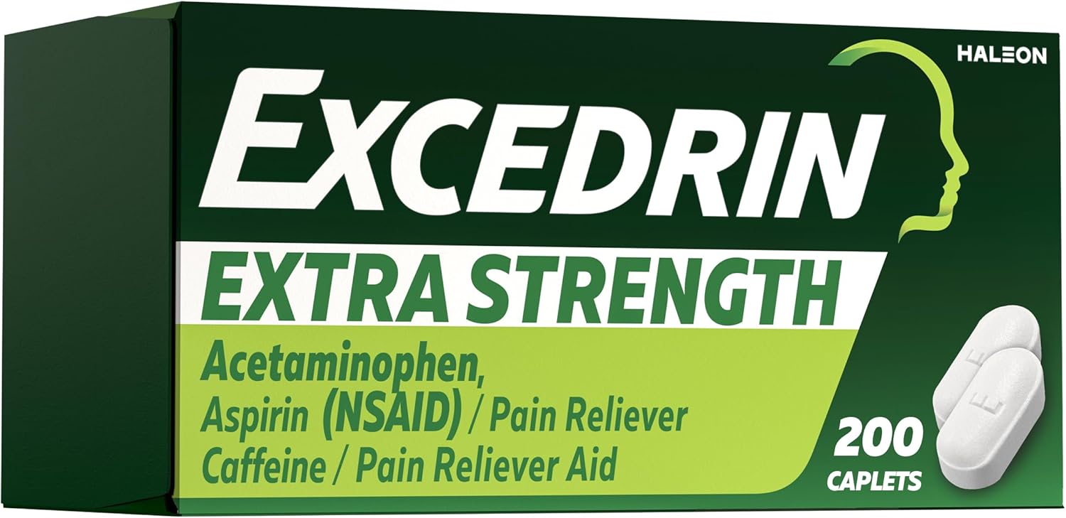 Excedrin Cápsulas extra fuertes para aliviar el dolor de cabeza, acetaminofeno 250 mg, aspirina 250 mg, cafeína 65 mg, analgésico, 200 unidades