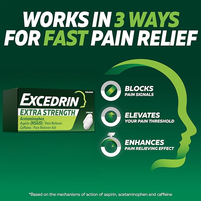 Excedrin Cápsulas extra fuertes para aliviar el dolor de cabeza, acetaminofeno 250 mg, aspirina 250 mg, cafeína 65 mg, analgésico, 200 unidades