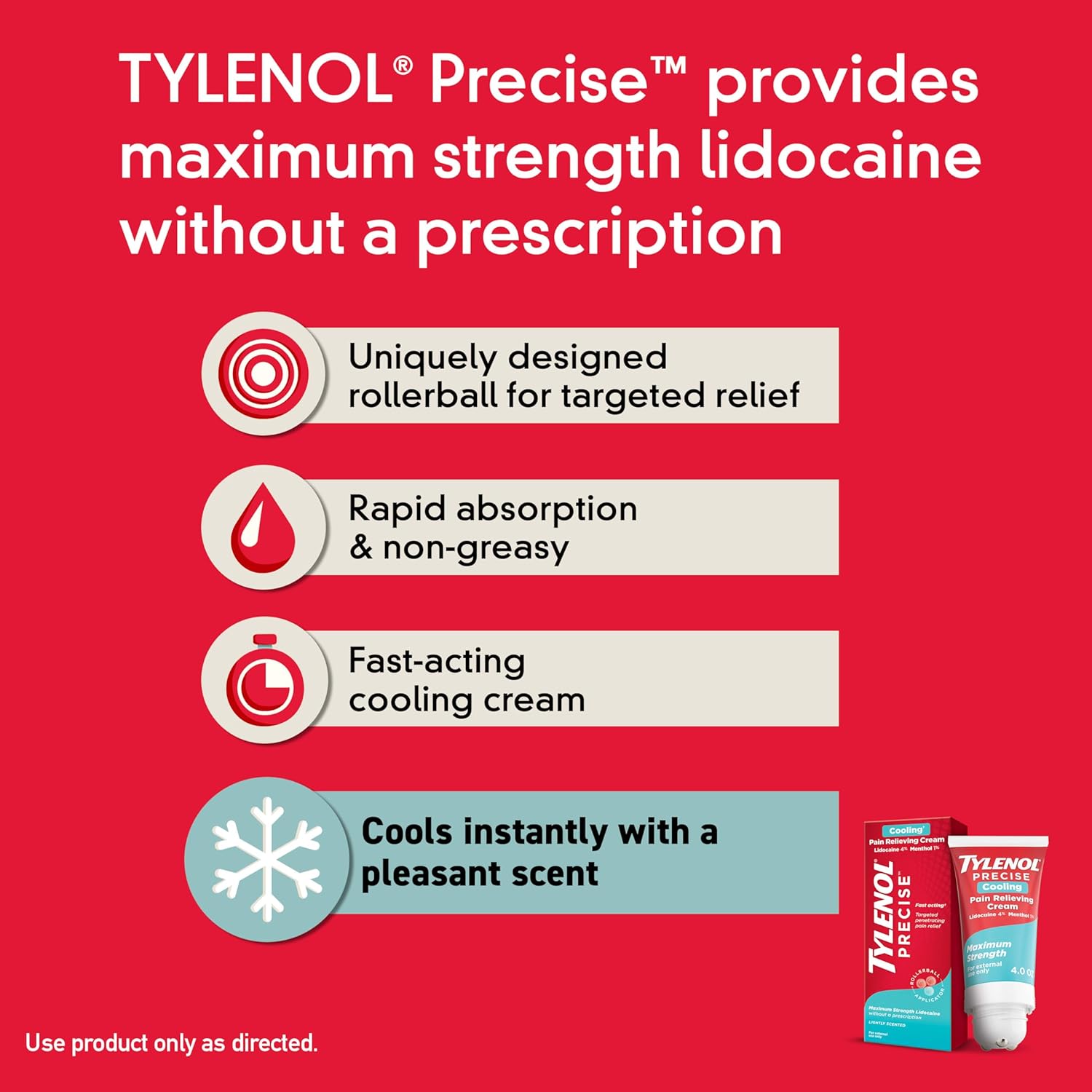 Tylenol Precise Cooling Crema de enfriamiento preciso, con 4% de lidocaína y 1% de mentol, para el alivio del dolor de espalda, muscular y articular