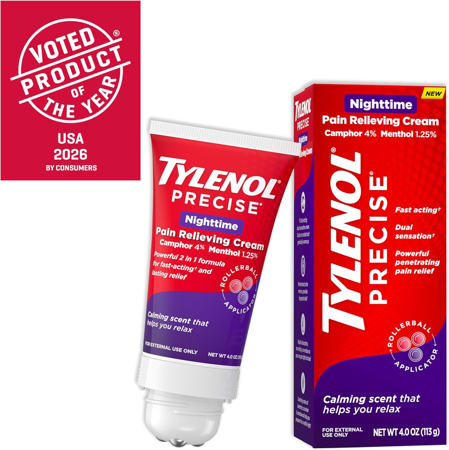 Tylenol Precise Crema Analgésica Nocturna Alivio Tópico con 4% de Alcanfor y 1.25% de Mentol para Alivio Muscular