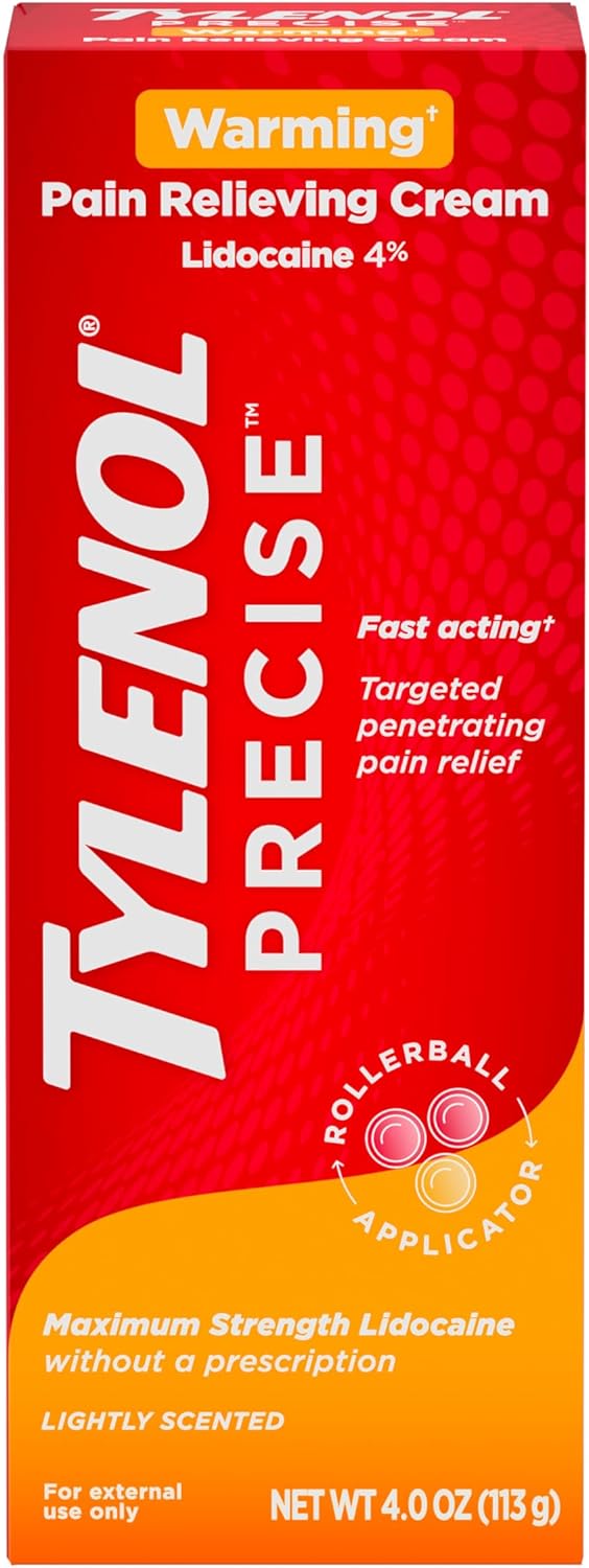 Tylenol Precise Warming  Crema para aliviar el dolor, máxima fuerza 4% lidocaína, crema para el dolor de espalda, rodilla y articulaciones