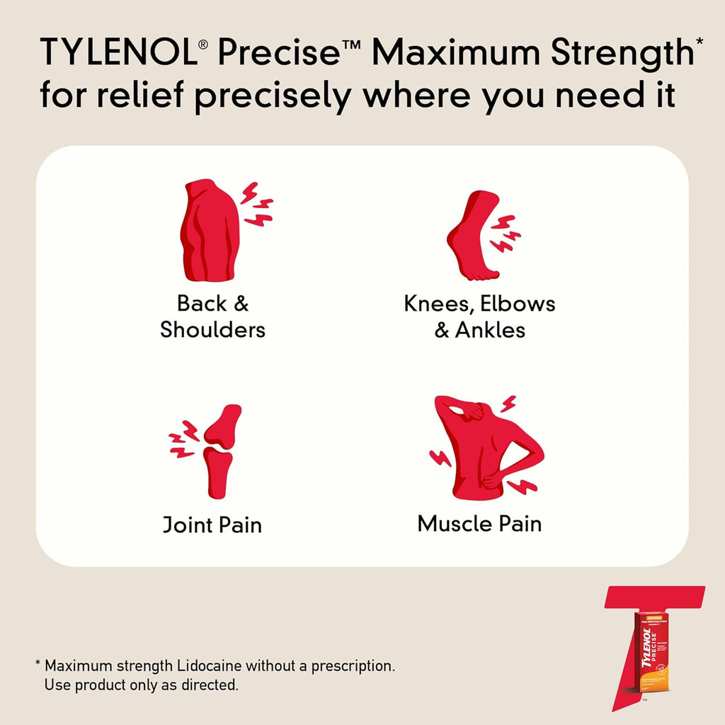 Tylenol Precise Warming  Crema para aliviar el dolor, máxima fuerza 4% lidocaína, crema para el dolor de espalda, rodilla y articulaciones
