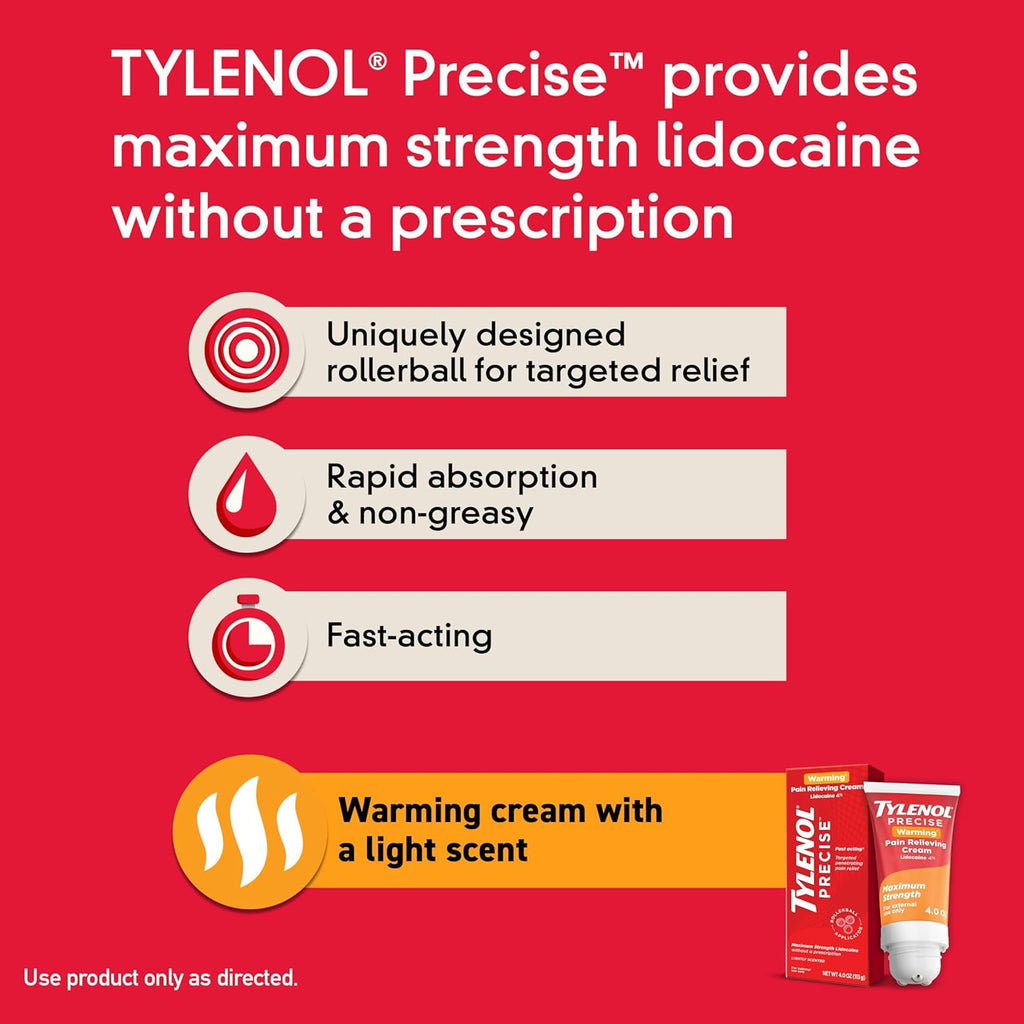 Tylenol Precise Warming  Crema para aliviar el dolor, máxima fuerza 4% lidocaína, crema para el dolor de espalda, rodilla y articulaciones