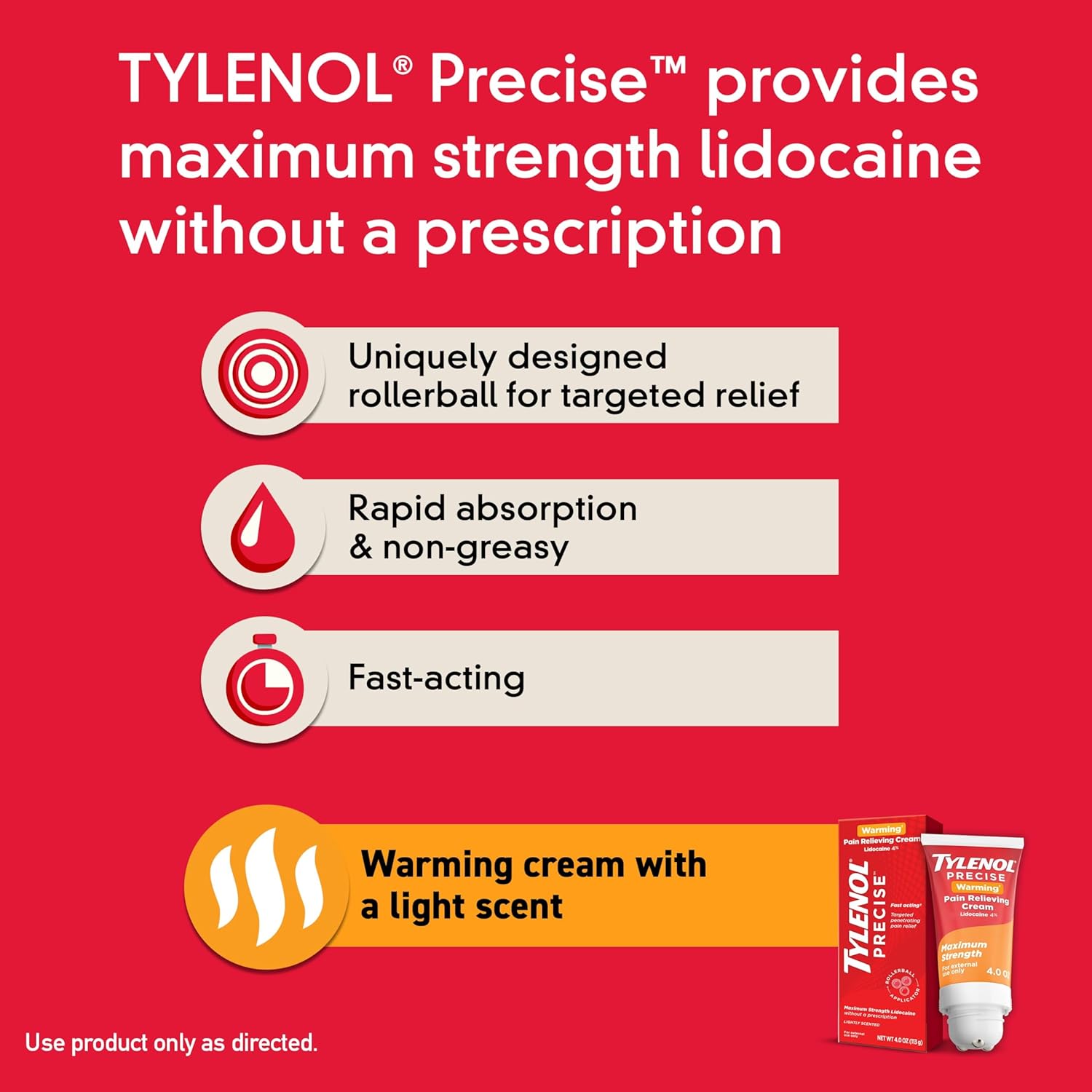 Tylenol Precise Warming  Crema para aliviar el dolor, máxima fuerza 4% lidocaína, crema para el dolor de espalda, rodilla y articulaciones