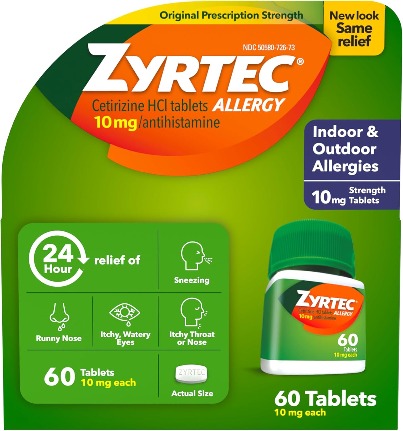 Zyrtec 60 Tabletas de alivio de alergias las 24 horas, medicina para alergias en interiores y exteriores con 10 mg de cetirizina