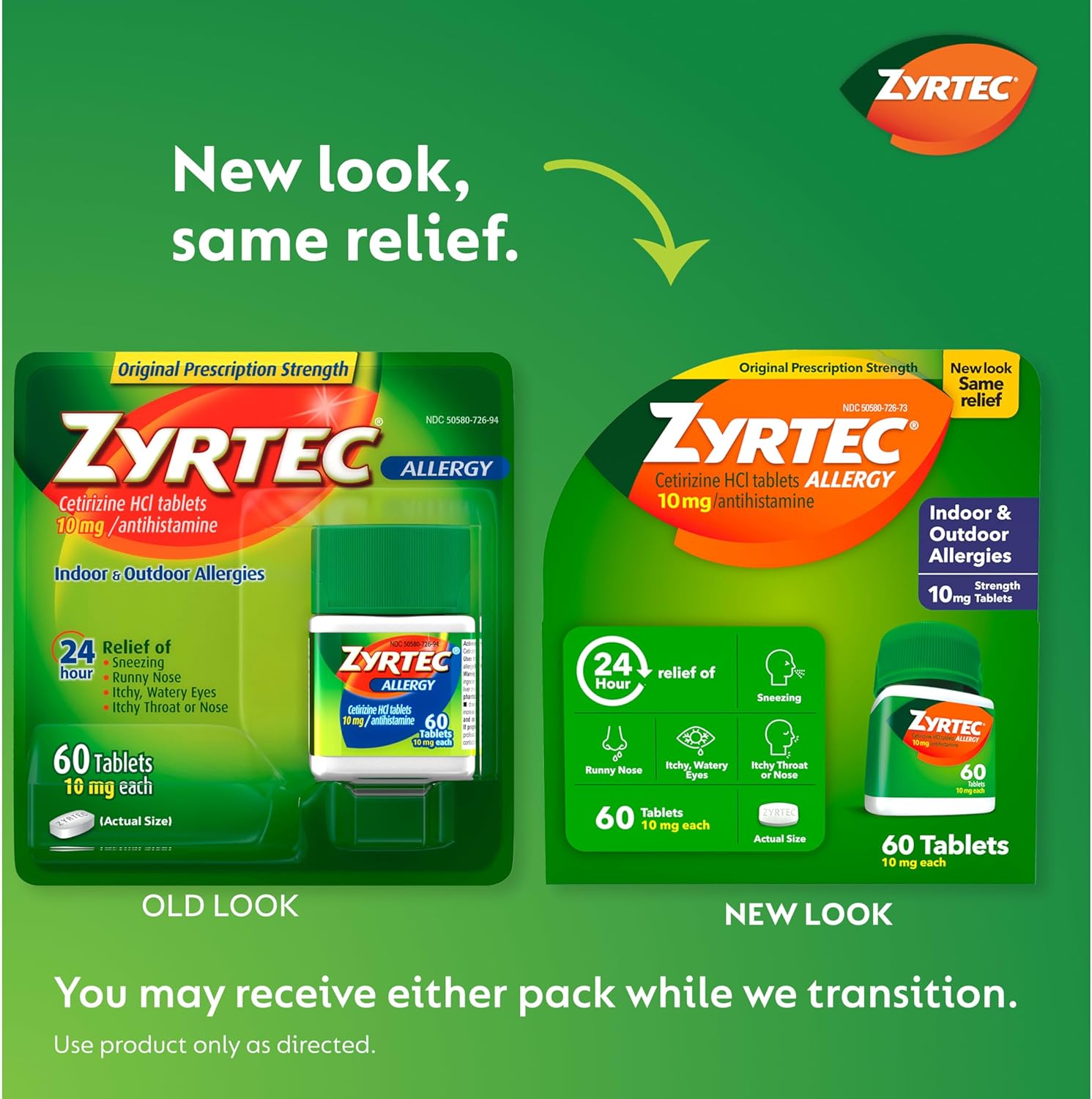 Zyrtec 60 Tabletas de alivio de alergias las 24 horas, medicina para alergias en interiores y exteriores con 10 mg de cetirizina