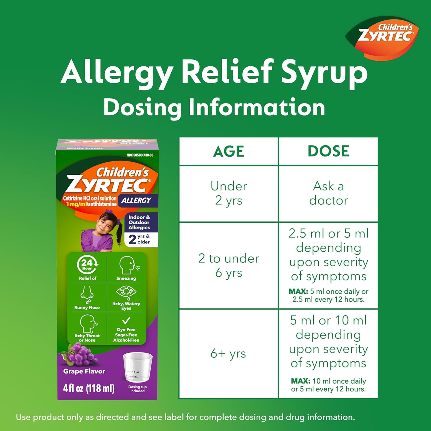 Zyrtec Jarabe de Alivio de Alergias de 24 Horas para Niños, 5 mg de Clorhidrato de Cetirizina Antihistamínico 236ml